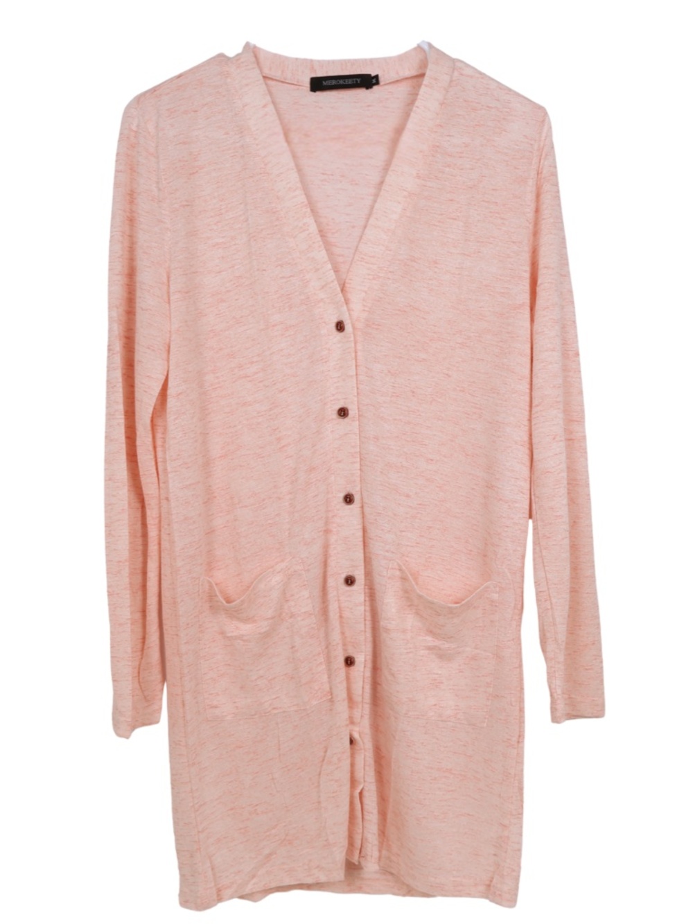 Merokeety Pink Long Cardigan Medium Button Front Lightweight Duster Pockets